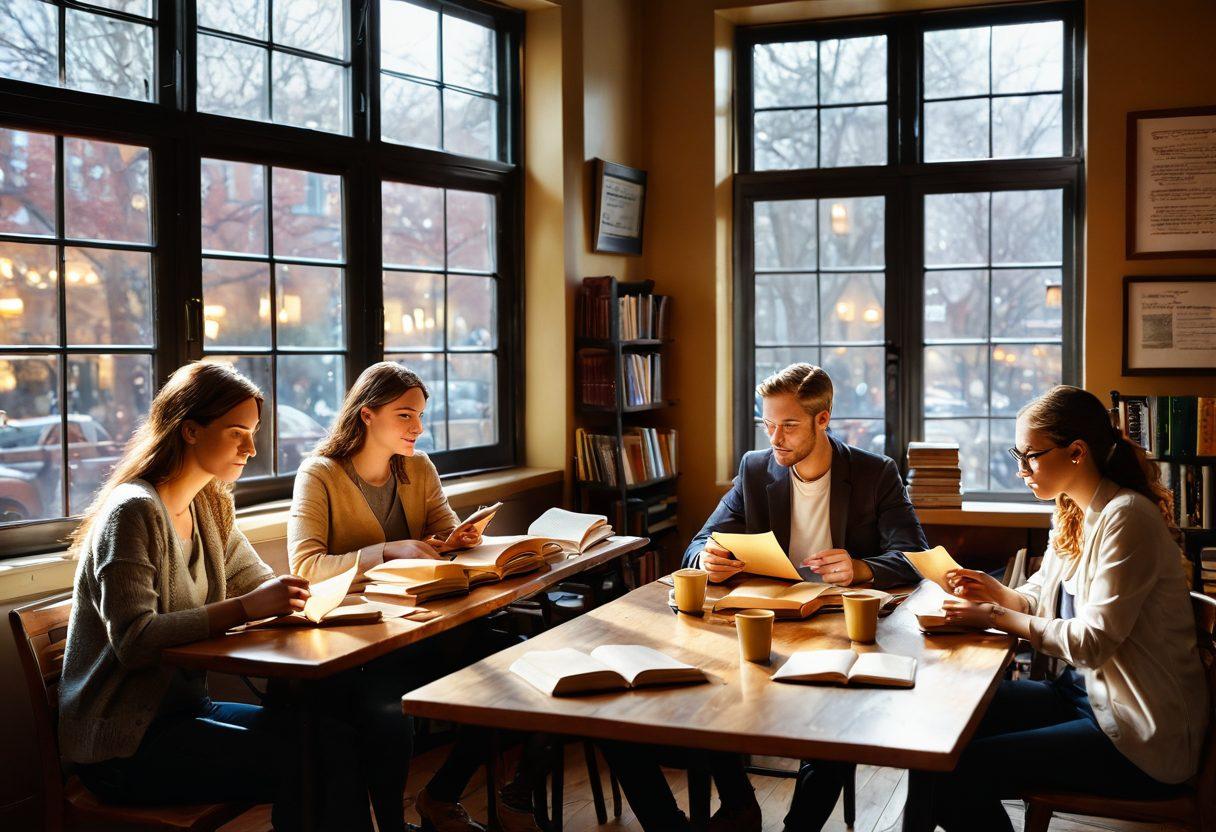 A captivating scene depicting a diverse group of people engaged in deep conversation over books and laptops. Envision a warm coffee shop ambiance with steaming mugs and vibrant notes scattered on the tables, illustrating the idea of turning critiques into narratives. Light beams filtering through the window, highlighting their animated expressions. super-realistic. cozy atmosphere. warm colors.