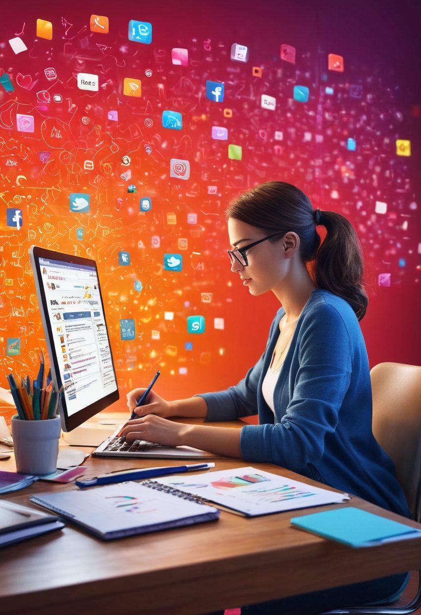 A dynamic scene of a person sitting at a desk, passionately writing in a digital diary that glows with inspiration, surrounded by vibrant notes and colorful blog statistics. The background features floating icons of social media and analytics, depicting influence and connection online. The atmosphere is creative and motivational, inviting viewers to embark on their blogging journey. super-realistic. vibrant colors. 3D.