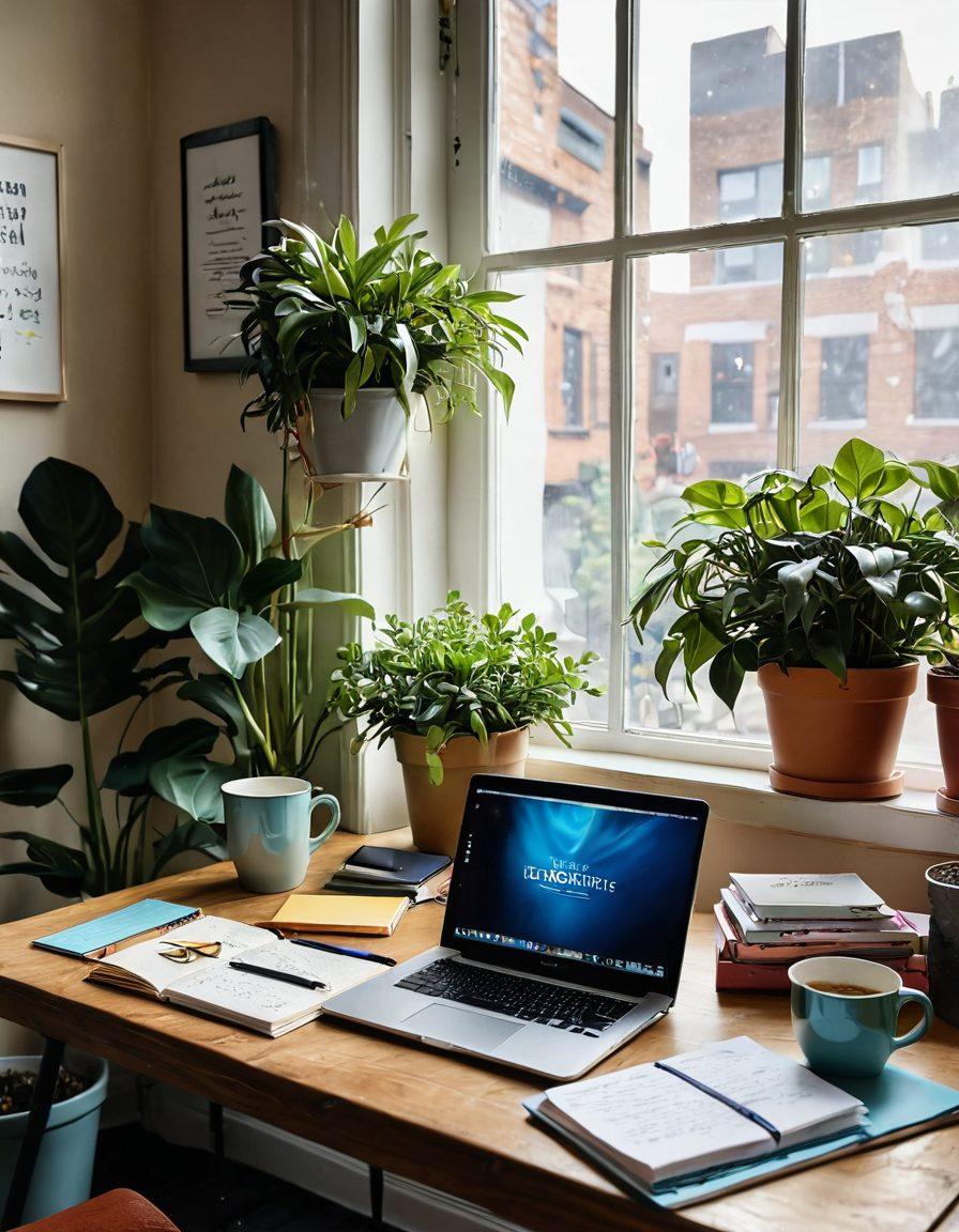 An elegant workspace featuring a laptop with an open blogging platform, surrounded by colorful notebooks filled with handwritten notes. A steaming cup of coffee sits beside an inspiring quote on a wall, while natural light streams through a window adorned with potted plants. The scene conveys creativity, warmth, and focus. super-realistic. vibrant colors. cozy atmosphere.